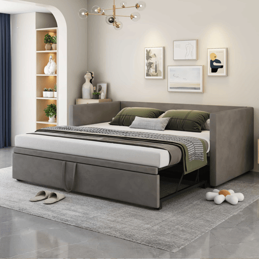 Cama de rodízio de veludo com estrado de ripas - 90180x200cm - Cinzento
