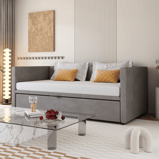 Cama de rodízio de veludo com estrado de ripas - 90180x200cm - Cinzento