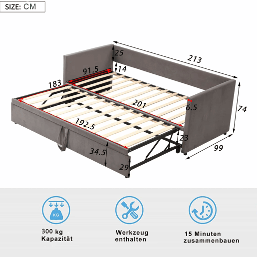 Cama de rodízio de veludo com estrado de ripas - 90180x200cm - Cinzento