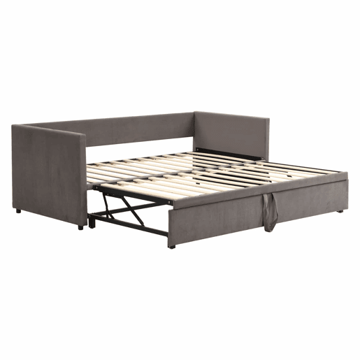 Cama de rodízio de veludo com estrado de ripas - 90180x200cm - Cinzento