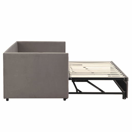 Cama de rodízio de veludo com estrado de ripas - 90180x200cm - Cinzento