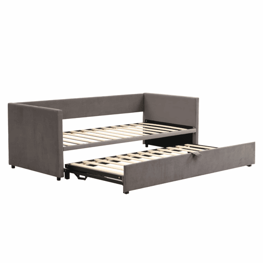 Cama de rodízio de veludo com estrado de ripas - 90180x200cm - Cinzento