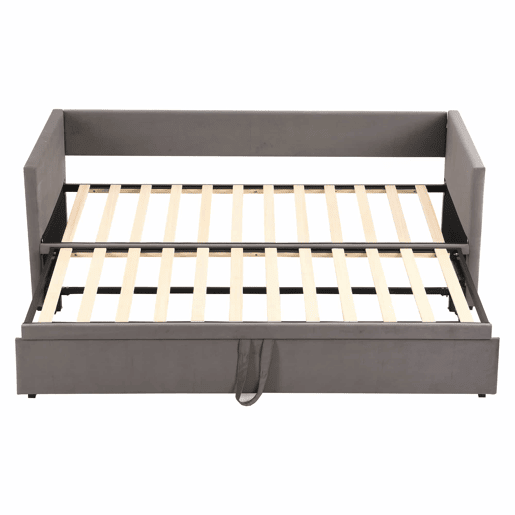 Cama de rodízio de veludo com estrado de ripas - 90180x200cm - Cinzento