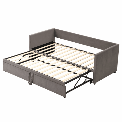 Cama de rodízio de veludo com estrado de ripas - 90180x200cm - Cinzento
