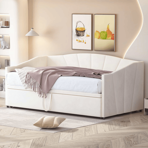 Cama com gavetão de veludo 180x200 cm - estrado - bege