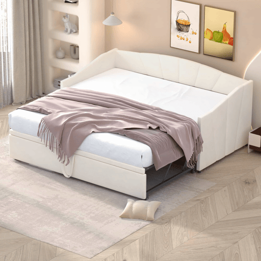Cama com gavetão de veludo 180x200 cm - estrado - bege