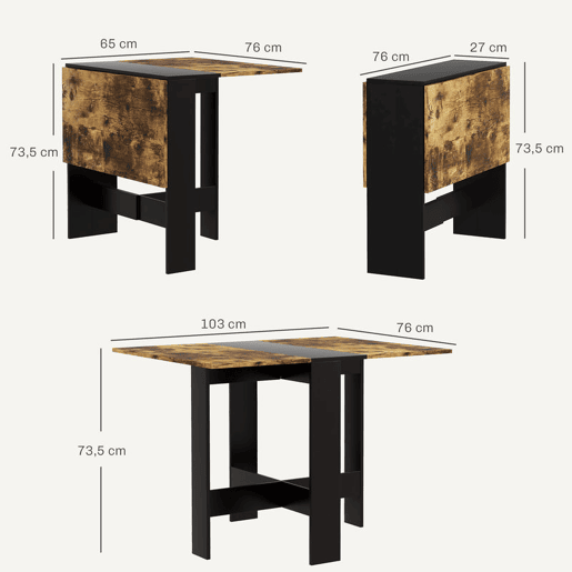 HOMCOM Mesa Dobrável de Jantar Mesa de Cozinha Dobrável com Abas Rebatíveis para Sala Espaço Pequeno 103x76x73,5 cm Preto e Castanho Rústico