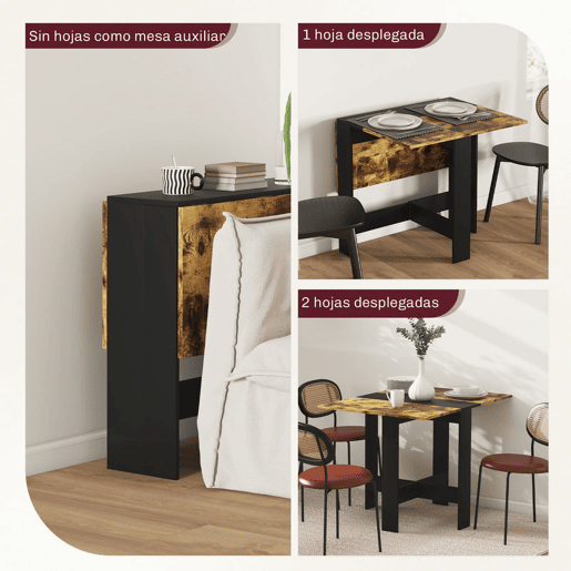 HOMCOM Mesa Dobrável de Jantar Mesa de Cozinha Dobrável com Abas Rebatíveis para Sala Espaço Pequeno 103x76x73,5 cm Preto e Castanho Rústico