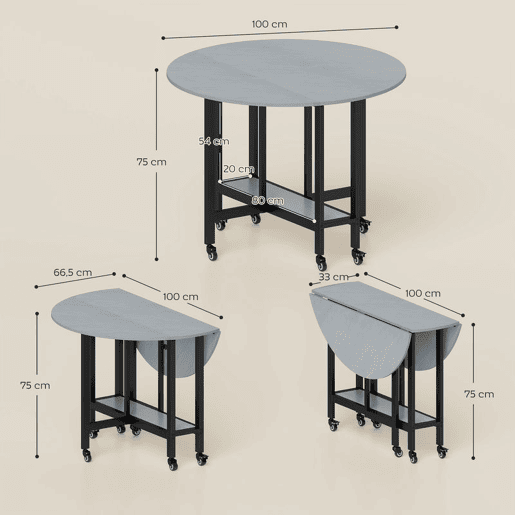 HOMCOM Mesa Dobrável de Jantar para 2-4 Pessoas Mesa de Cozinha Dobrável com Rodas Tampo Abatível Prateleira Aberta para Sala 100x100x75 cm Cinzento Cimento