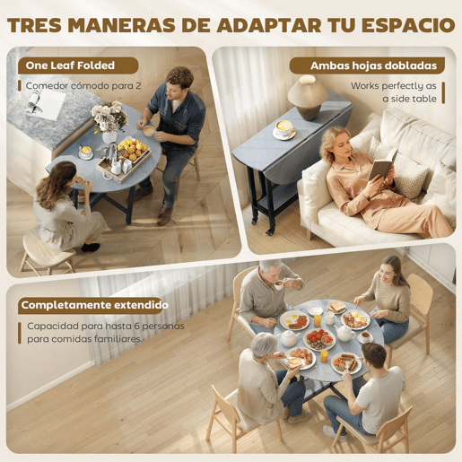HOMCOM Mesa Dobrável de Jantar para 2-4 Pessoas Mesa de Cozinha Dobrável com Rodas Tampo Abatível Prateleira Aberta para Sala 100x100x75 cm Cinzento Cimento