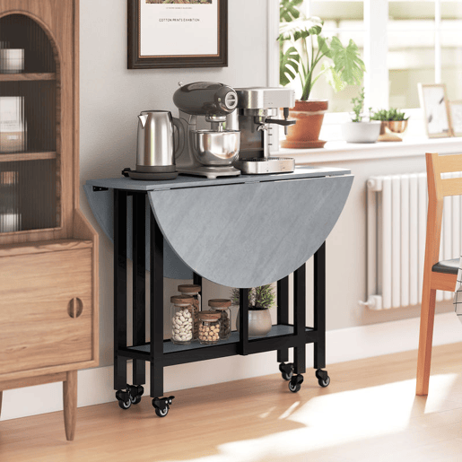 HOMCOM Mesa Dobrável de Jantar para 2-4 Pessoas Mesa de Cozinha Dobrável com Rodas Tampo Abatível Prateleira Aberta para Sala 100x100x75 cm Cinzento Cimento