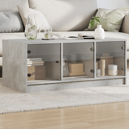 Mesa de Centro, Mesa baixa, c portas de vidro 102x50x42 cm cinza cimento