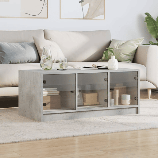 Mesa de Centro, Mesa baixa, c portas de vidro 102x50x42 cm cinza cimento