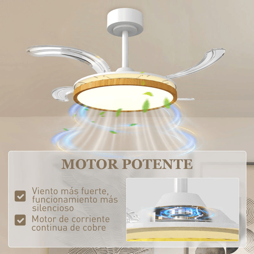 HOMCOM Ventoinha de Teto com Luz LED 80 W Motor DC Reversível Ventoinha de Teto Silenciosa Controlo Remoto 6 Velocidades 3 Cores, Temporizador para Sala Ø95 cm Branco e Madeira