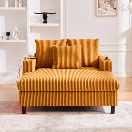 Poltrona chaise longue grande - com porta-copos laterais, portas USB, iluminação LED ambiente - Amarelo mostarda