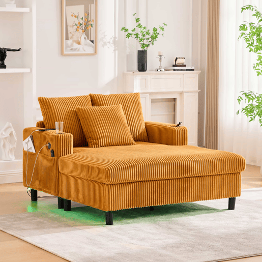 Poltrona chaise longue grande - com porta-copos laterais, portas USB, iluminação LED ambiente - Amarelo mostarda