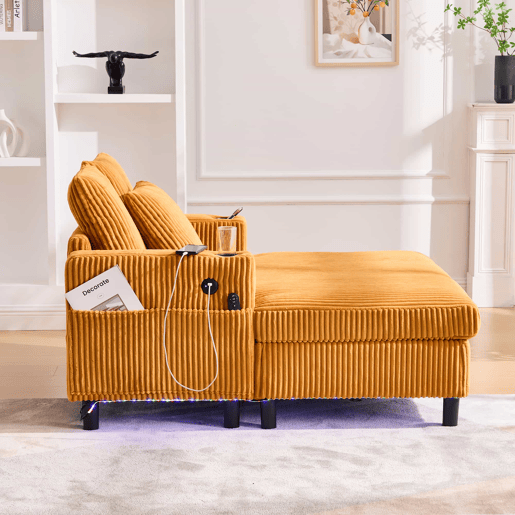 Poltrona chaise longue grande - com porta-copos laterais, portas USB, iluminação LED ambiente - Amarelo mostarda