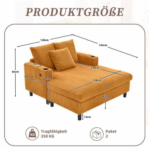 Poltrona chaise longue grande - com porta-copos laterais, portas USB, iluminação LED ambiente - Amarelo mostarda