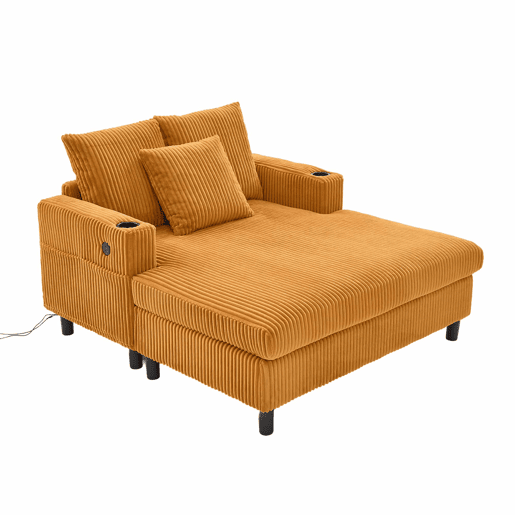 Poltrona chaise longue grande - com porta-copos laterais, portas USB, iluminação LED ambiente - Amarelo mostarda