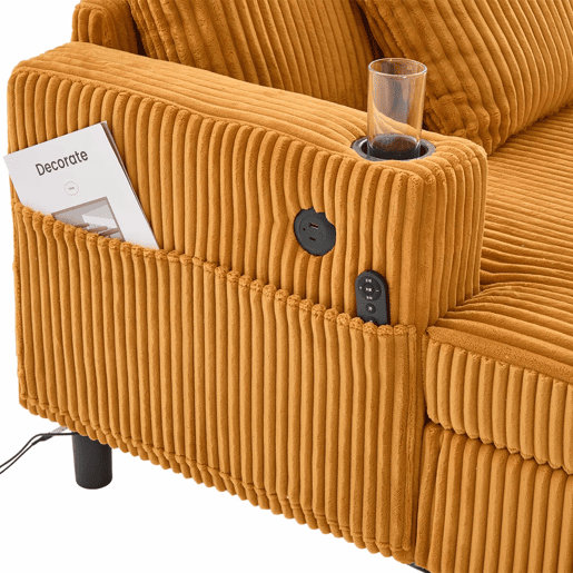 Poltrona chaise longue grande - com porta-copos laterais, portas USB, iluminação LED ambiente - Amarelo mostarda