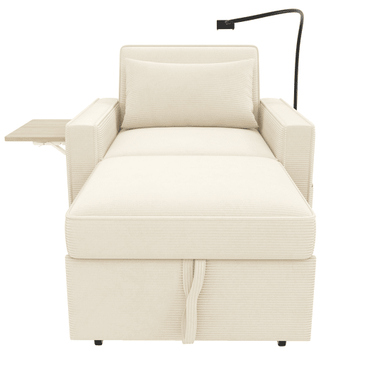 Sofá-cama multifuncional de 1 lugar - com porta USB, suporte para telemóvel, tecido de veludo cotelê, bege