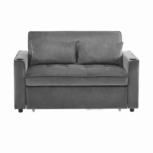 Sofá-cama rebatível multi-ângulo ajustável - 2 lugares - Tecido de veludo - com suporte para copos e almofadas - Cinzento