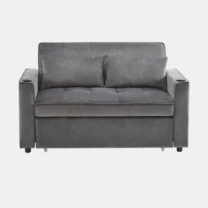 Sofá-cama rebatível multi-ângulo ajustável - 2 lugares - Tecido de veludo - com suporte para copos e almofadas - Cinzento