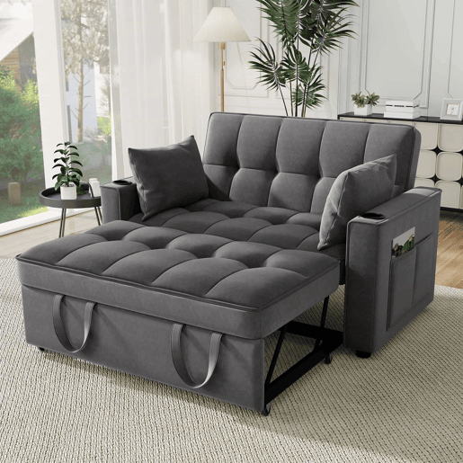 Sofá-cama rebatível multi-ângulo ajustável - 2 lugares - Tecido de veludo - com suporte para copos e almofadas - Cinzento