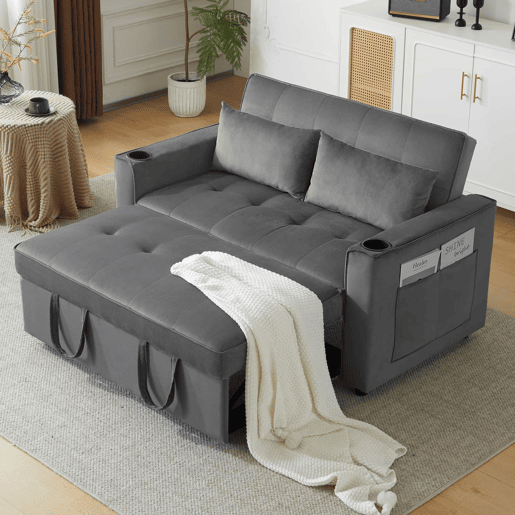 Sofá-cama rebatível multi-ângulo ajustável - 2 lugares - Tecido de veludo - com suporte para copos e almofadas - Cinzento