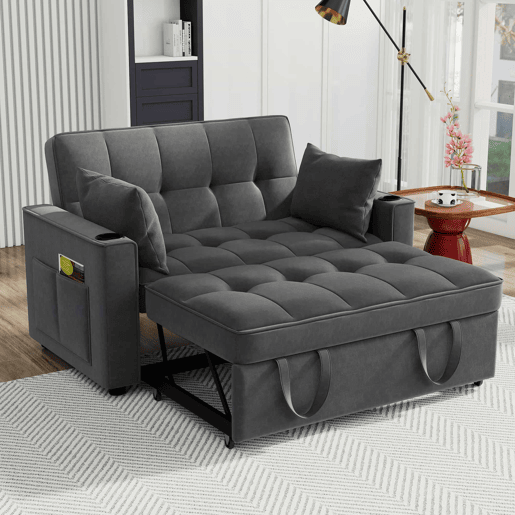 Sofá-cama rebatível multi-ângulo ajustável - 2 lugares - Tecido de veludo - com suporte para copos e almofadas - Cinzento