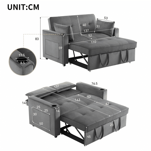 Sofá-cama rebatível multi-ângulo ajustável - 2 lugares - Tecido de veludo - com suporte para copos e almofadas - Cinzento