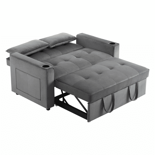 Sofá-cama rebatível multi-ângulo ajustável - 2 lugares - Tecido de veludo - com suporte para copos e almofadas - Cinzento