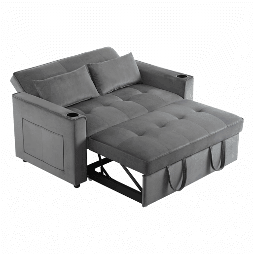 Sofá-cama rebatível multi-ângulo ajustável - 2 lugares - Tecido de veludo - com suporte para copos e almofadas - Cinzento