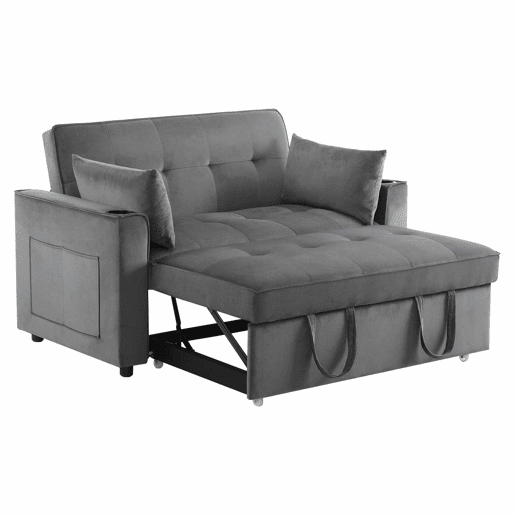 Sofá-cama rebatível multi-ângulo ajustável - 2 lugares - Tecido de veludo - com suporte para copos e almofadas - Cinzento