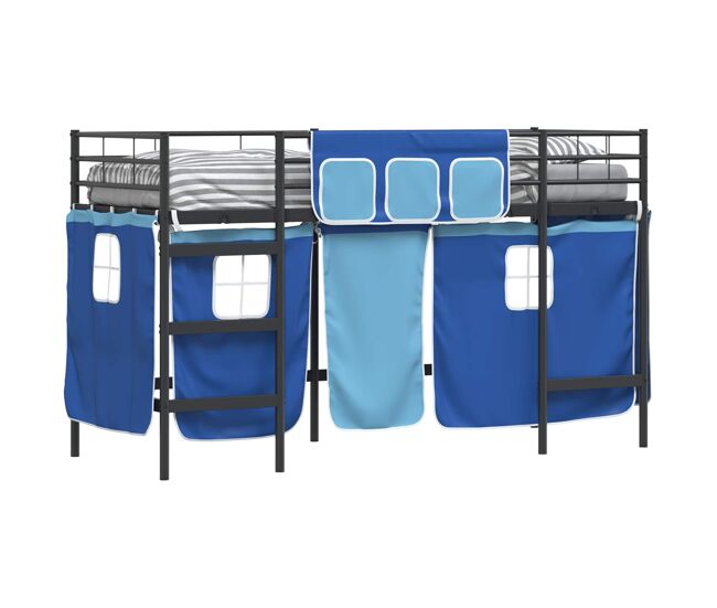 Estructura de cama alta infantil para niños con cortinas negro y azul