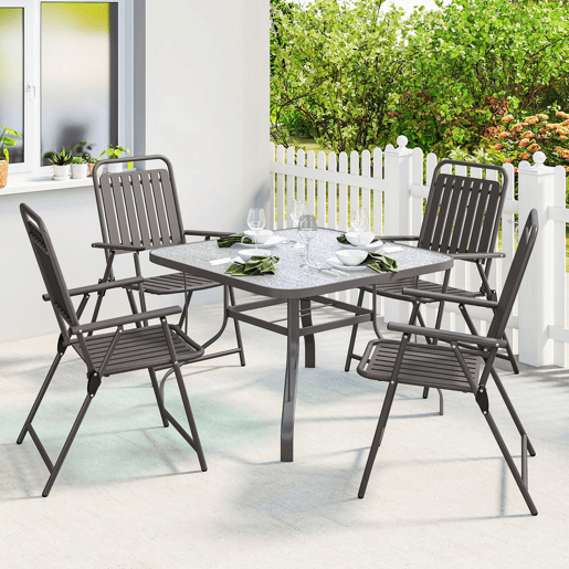 Outsunny Conjunto de 4 Cadeiras Dobráveis para Jardim Cadeiras de Terraço com Apoios de Braços Encosto e Assento de PP Estrutura Metálica 55x63x93 cm Castanho