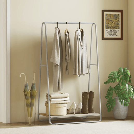 HOMCOM Charriot 3 em 1 Charriot para Entrada com Prateleira para Sapatos Barras Superior e Laterais Estrutura de Metal para Entrada Quarto, Sala de Estar 80x44x140 cm Madeira e Cinzento