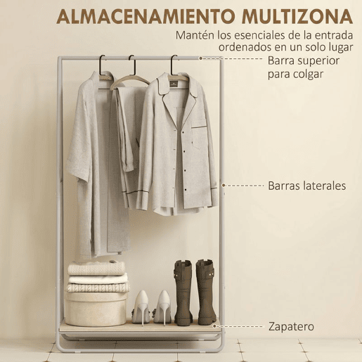 HOMCOM Charriot 3 em 1 Charriot para Entrada com Prateleira para Sapatos Barras Superior e Laterais Estrutura de Metal para Entrada Quarto, Sala de Estar 80x44x140 cm Madeira e Cinzento