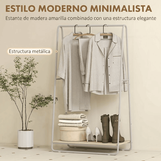 HOMCOM Charriot 3 em 1 Charriot para Entrada com Prateleira para Sapatos Barras Superior e Laterais Estrutura de Metal para Entrada Quarto, Sala de Estar 80x44x140 cm Madeira e Cinzento
