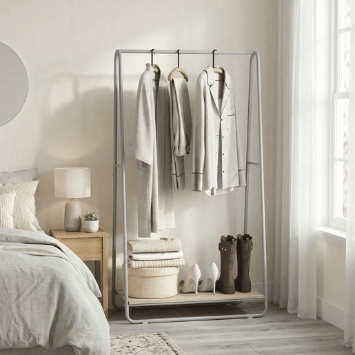 HOMCOM Charriot 3 em 1 Charriot para Entrada com Prateleira para Sapatos Barras Superior e Laterais Estrutura de Metal para Entrada Quarto, Sala de Estar 80x44x140 cm Madeira e Cinzento