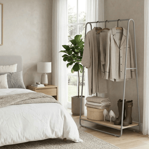 HOMCOM Charriot 3 em 1 Charriot para Entrada com Prateleira para Sapatos Barras Superior e Laterais Estrutura de Metal para Entrada Quarto, Sala de Estar 80x44x140 cm Madeira e Cinzento