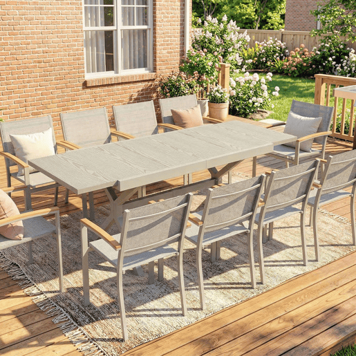 Outsunny Mesa de Jardim Extensível com Superfície de Alumínio, 154214x85 cm, Mesa de Jantar Exterior Extensível Retangular com Acabamento a Imitar Madeira para 8-10 Pessoas, para Pátio, Terraço, Cinzento Claro