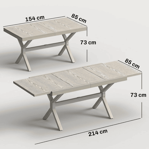 Outsunny Mesa de Jardim Extensível com Superfície de Alumínio, 154214x85 cm, Mesa de Jantar Exterior Extensível Retangular com Acabamento a Imitar Madeira para 8-10 Pessoas, para Pátio, Terraço, Cinzento Claro