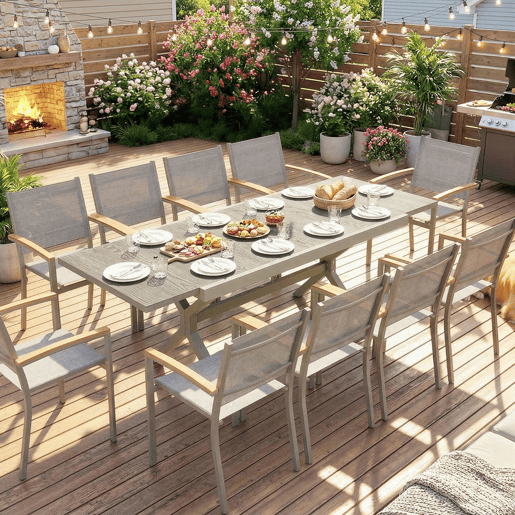 Outsunny Mesa de Jardim Extensível com Superfície de Alumínio, 154214x85 cm, Mesa de Jantar Exterior Extensível Retangular com Acabamento a Imitar Madeira para 8-10 Pessoas, para Pátio, Terraço, Cinzento Claro