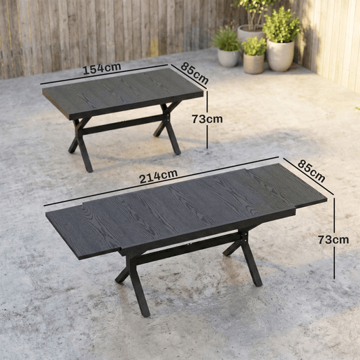 Outsunny Mesa de Jardim Extensível com Superfície de Alumínio, 154214x85 cm, Mesa de Jantar Exterior Extensível Retangular com Imitação de Madeira para 8-10 Pessoas, para Pátio, Terraço, Cinzento Escuro