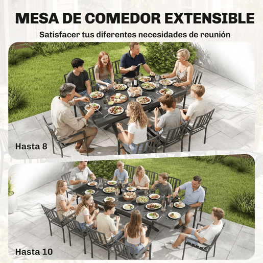 Outsunny Mesa de Jardim Extensível com Superfície de Alumínio, 154214x85 cm, Mesa de Jantar Exterior Extensível Retangular com Imitação de Madeira para 8-10 Pessoas, para Pátio, Terraço, Cinzento Escuro