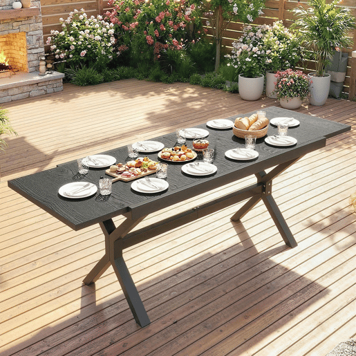 Outsunny Mesa de Jardim Extensível com Superfície de Alumínio, 154214x85 cm, Mesa de Jantar Exterior Extensível Retangular com Imitação de Madeira para 8-10 Pessoas, para Pátio, Terraço, Cinzento Escuro