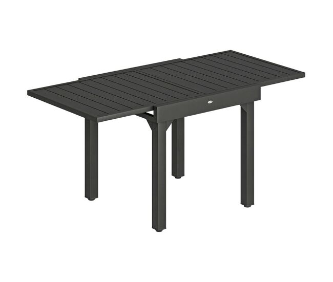 Outsunny mesa de jardín extensible, mesa de comedor exterior extensible 80/160x80 cm, de aluminio, con superficie de lamas, carga 70 kg, mesita rectangular para 4-6 personas, para patio terraza, negro