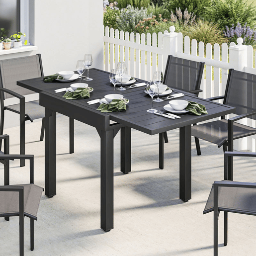 Outsunny Mesa de Jardim Extensível, Mesa de Jantar Exterior Extensível 80160x80 cm, em Alumínio, com Superfície de Ripas, Suporta até 70 kg, Mesa Retangular para 4-6 Pessoas, para Pátio Terraço, Preto