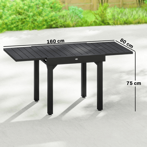 Outsunny Mesa de Jardim Extensível, Mesa de Jantar Exterior Extensível 80160x80 cm, em Alumínio, com Superfície de Ripas, Suporta até 70 kg, Mesa Retangular para 4-6 Pessoas, para Pátio Terraço, Preto